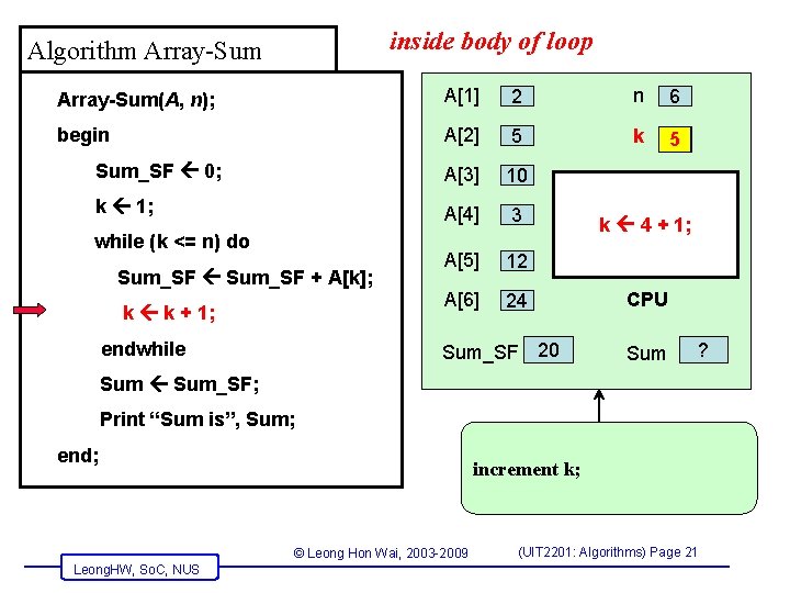 inside body of loop Algorithm Array-Sum(A, n); A[1] 2 n 6 begin A[2] 5