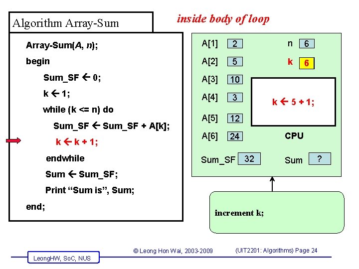 inside body of loop Algorithm Array-Sum(A, n); A[1] 2 n 6 begin A[2] 5