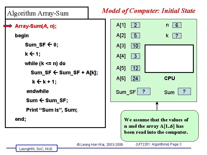 Model of Computer: Initial State Algorithm Array-Sum(A, n); A[1] 2 n 6 begin A[2]