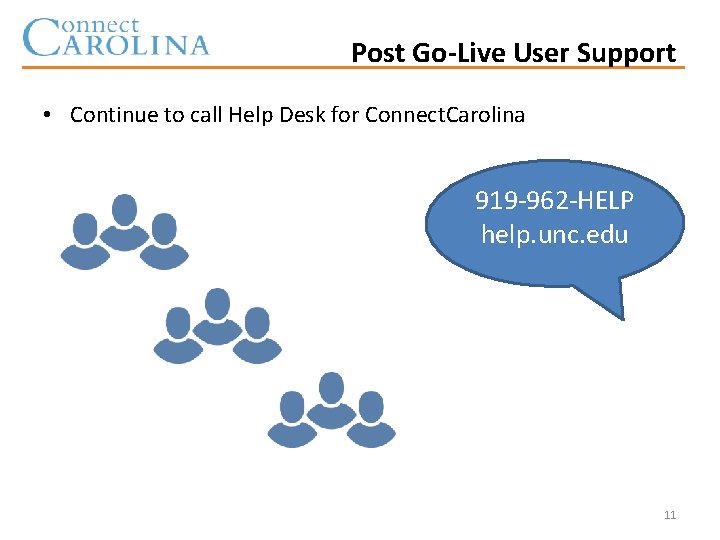 Post Go-Live User Support • Continue to call Help Desk for Connect. Carolina 919