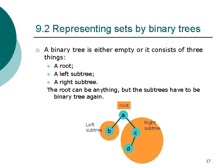 9. 2 Representing sets by binary trees ¡ A binary tree is either empty