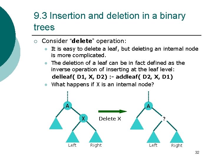 9. 3 Insertion and deletion in a binary trees ¡ Consider “delete” operation: l