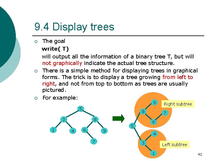 9. 4 Display trees ¡ ¡ ¡ The goal write( T) will output all