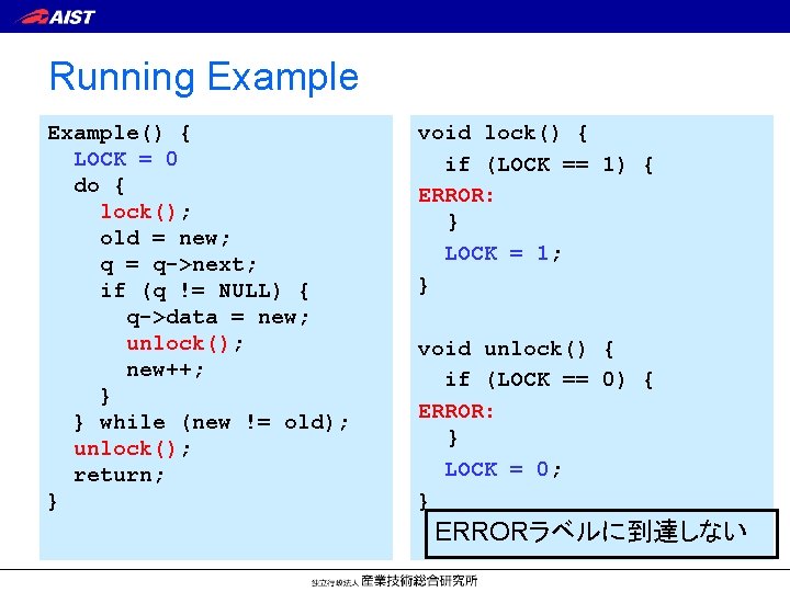 Running Example() { LOCK = 0 do { lock(); old = new; q =