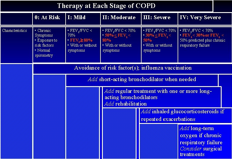 Therapy at Each Stage of COPD Characteristics 0: At Risk I: Mild II: Moderate