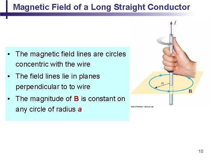 Magnetic Field of a Long Straight Conductor • The magnetic field lines are circles