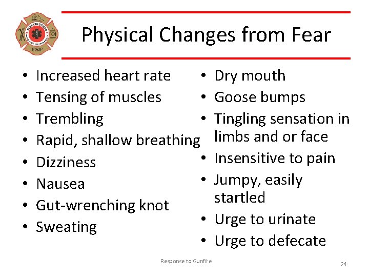 Physical Changes from Fear • • Increased heart rate • Tensing of muscles •