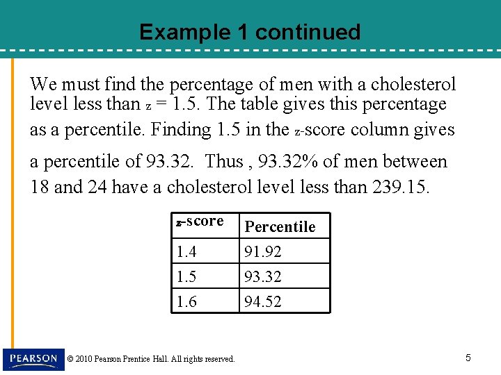 Example 1 continued We must find the percentage of men with a cholesterol level