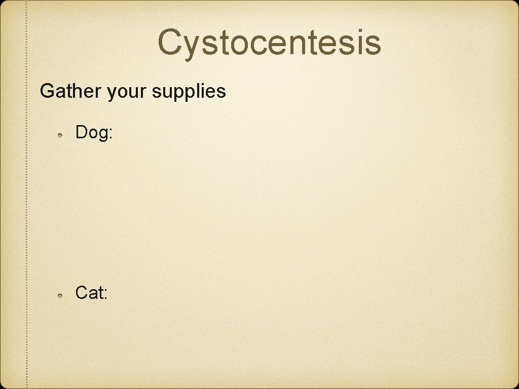 Cystocentesis Gather your supplies Dog: Cat: 