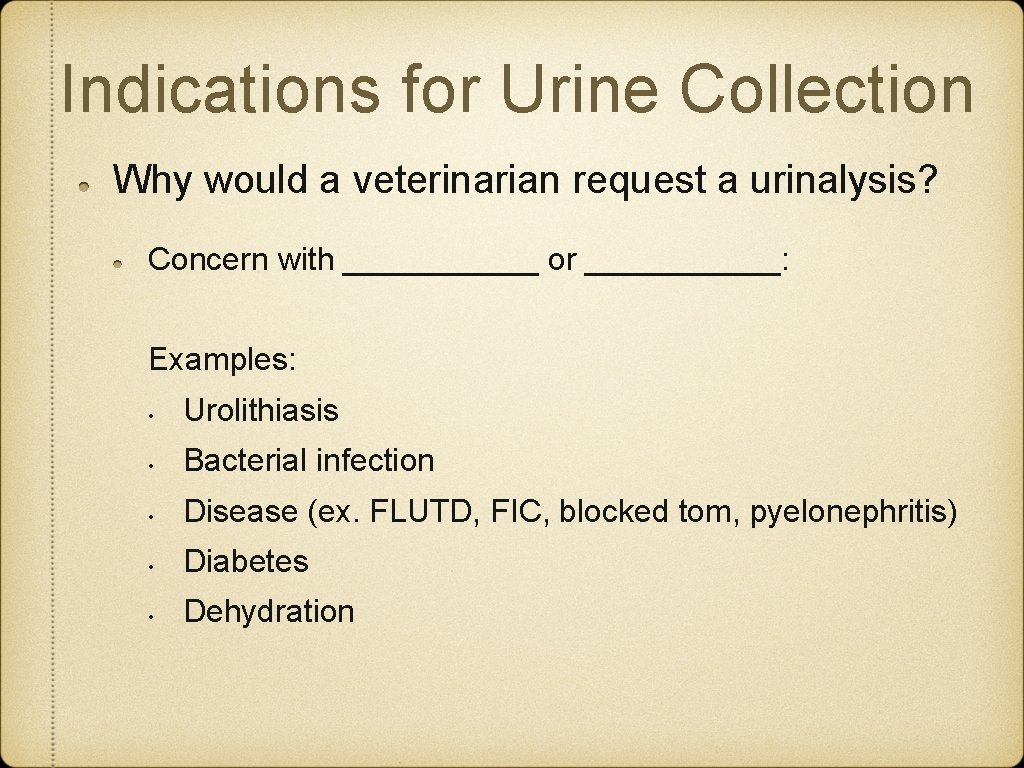 Indications for Urine Collection Why would a veterinarian request a urinalysis? Concern with ______