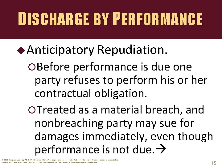 DISCHARGE BY PERFORMANCE u Anticipatory Repudiation. Before performance is due one party refuses to