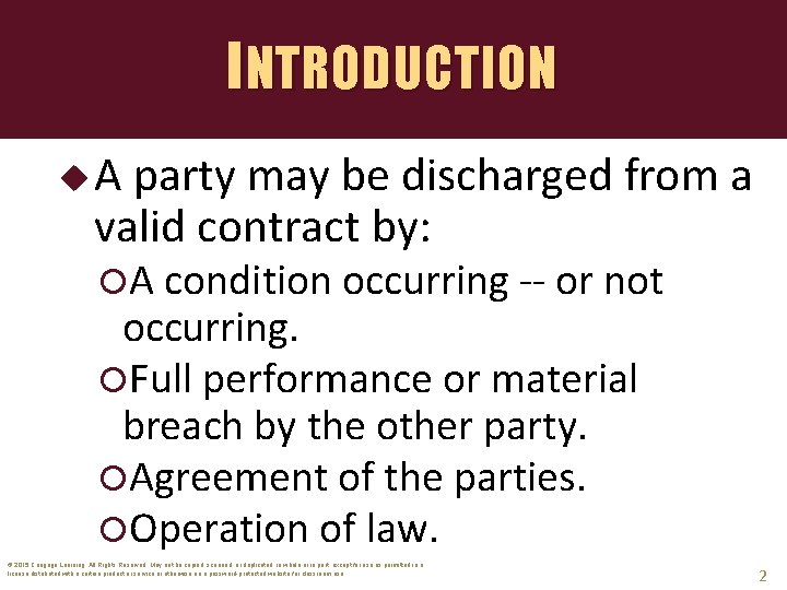 INTRODUCTION u. A party may be discharged from a valid contract by: A condition