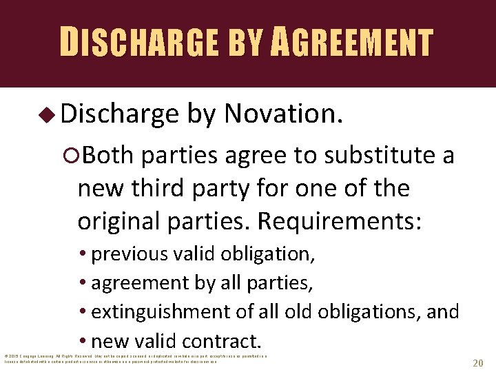 DISCHARGE BY AGREEMENT u Discharge by Novation. Both parties agree to substitute a new