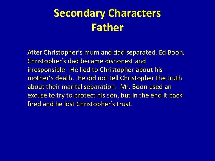 Secondary Characters Father After Christopher’s mum and dad separated, Ed Boon, Christopher’s dad became
