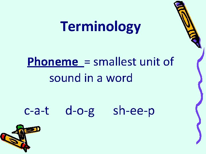 Terminology Phoneme = smallest unit of sound in a word c-a-t d-o-g sh-ee-p 