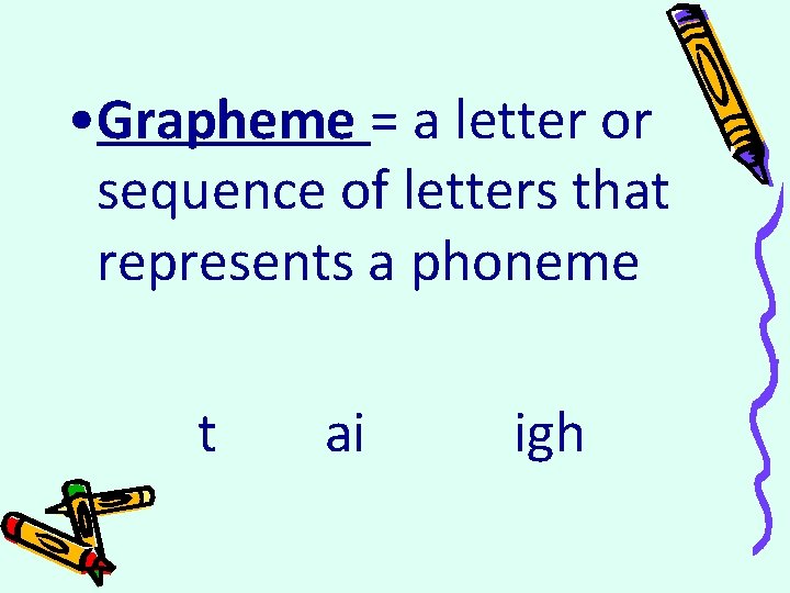  • Grapheme = a letter or sequence of letters that represents a phoneme