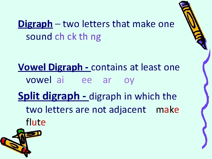 Digraph – two letters that make one sound ch ck th ng Vowel Digraph