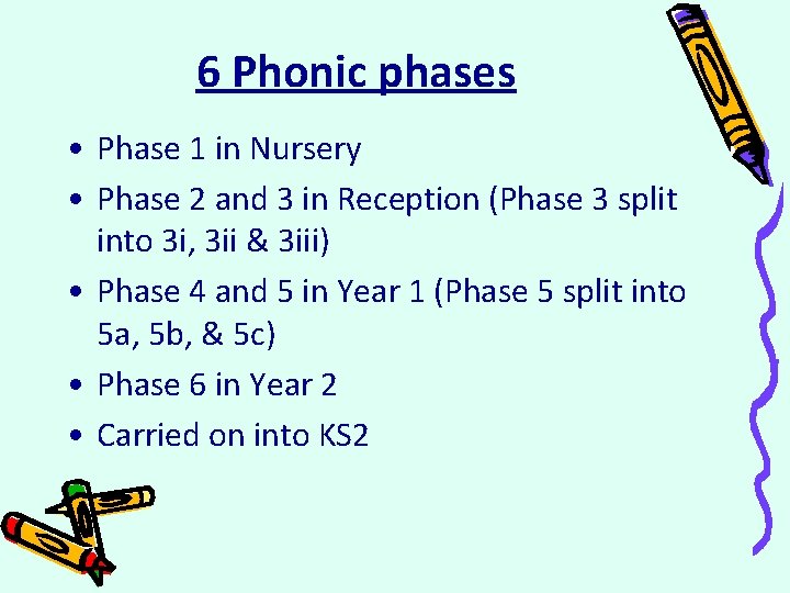 6 Phonic phases • Phase 1 in Nursery • Phase 2 and 3 in