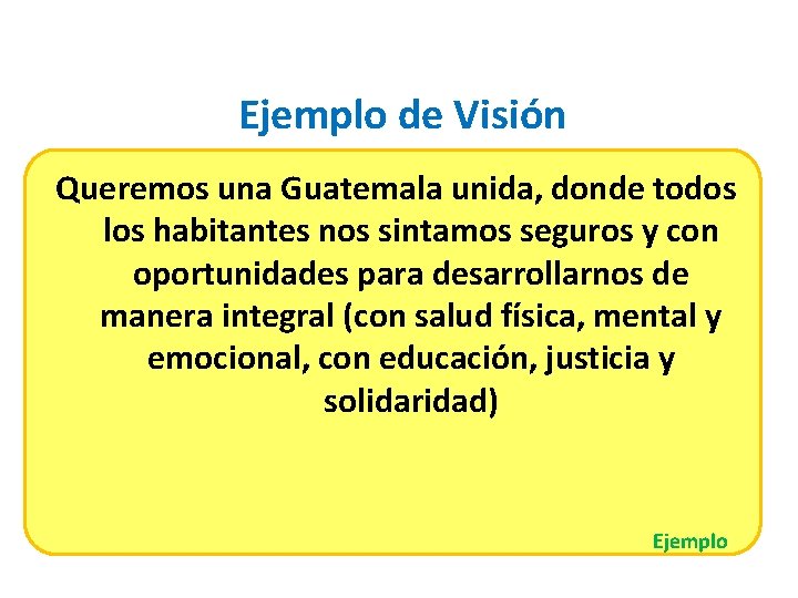 Ejemplo de Visión Queremos una Guatemala unida, donde todos los habitantes nos sintamos seguros