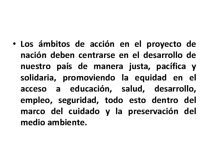  • Los ámbitos de acción en el proyecto de nación deben centrarse en