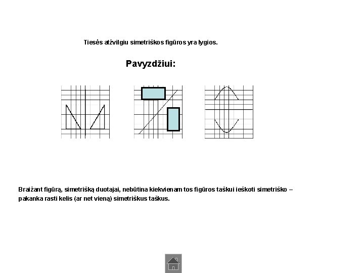 Tiesės atžvilgiu simetriškos figūros yra lygios. Pavyzdžiui: Braižant figūrą, simetrišką duotajai, nebūtina kiekvienam tos