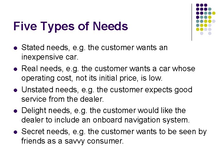 Five Types of Needs l l l Stated needs, e. g. the customer wants Five Types of Needs l l l Stated needs, e. g. the customer wants