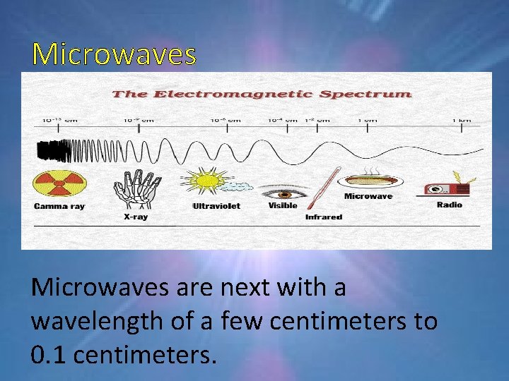 Microwaves are next with a wavelength of a few centimeters to 0. 1 centimeters.