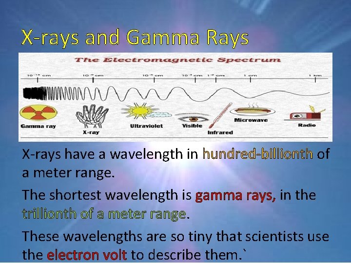 X-rays and Gamma Rays X-rays have a wavelength in hundred-billionth of a meter range.