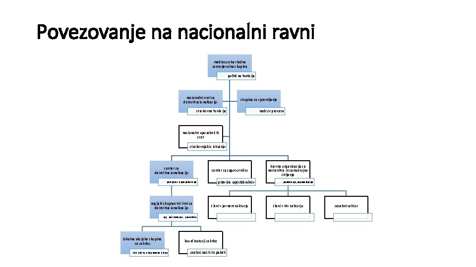 Povezovanje na nacionalni ravni medresorska vladna usmerjevalna skupina politična funkcija nacionalni svet za deinstitucionalizacijo