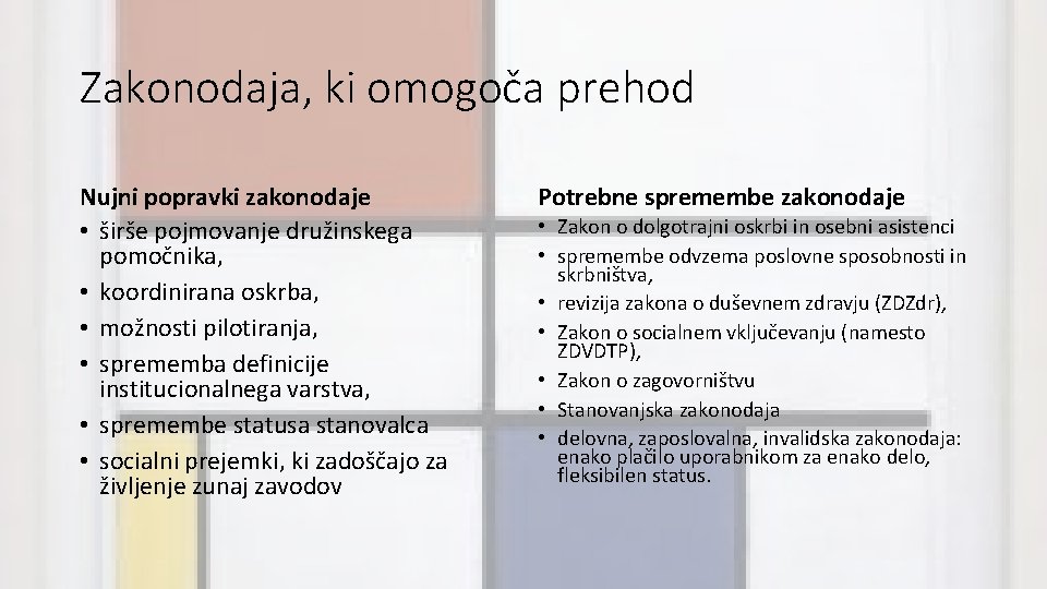 Zakonodaja, ki omogoča prehod Nujni popravki zakonodaje • širše pojmovanje družinskega pomočnika, • koordinirana