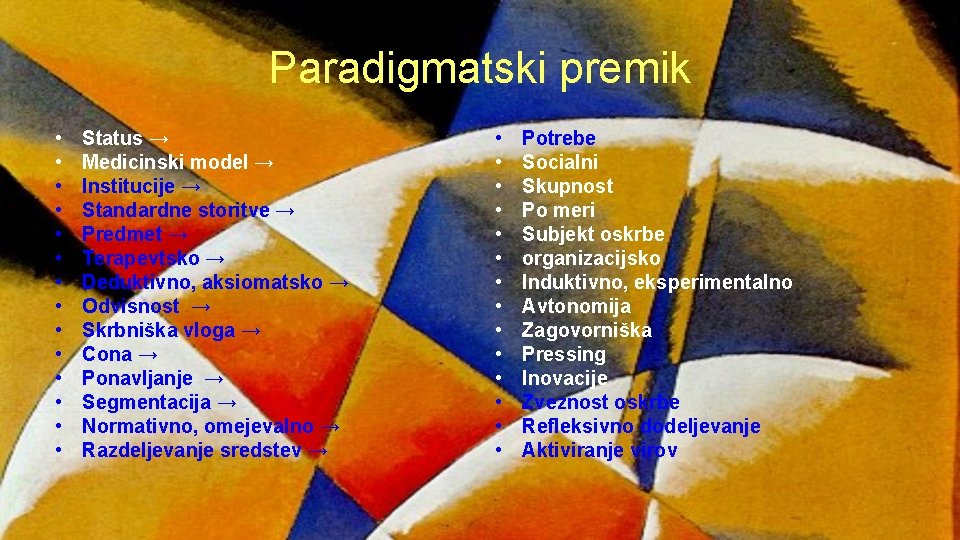 Paradigmatski premik • • • • Status → Medicinski model → Institucije → Standardne