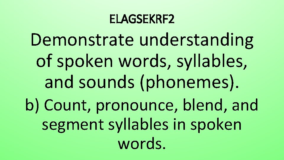 ELAGSEKRF 2 Demonstrate understanding of spoken words, syllables, and sounds (phonemes). b) Count, pronounce,