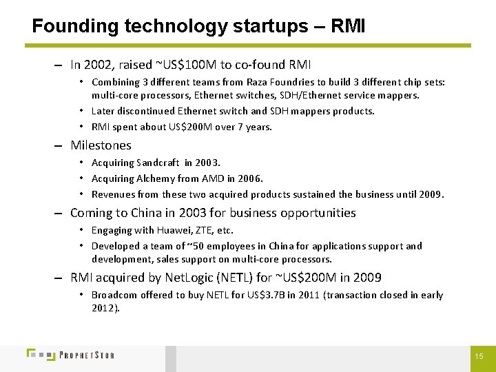 Founding technology startups – RMI – In 2002, raised ~US$100 M to co-found RMI