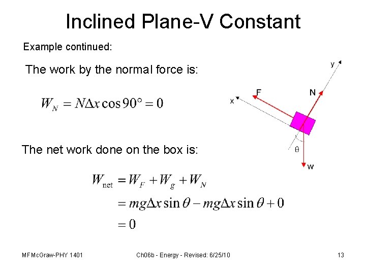 Inclined Plane-V Constant Example continued: The work by the normal force is: The net