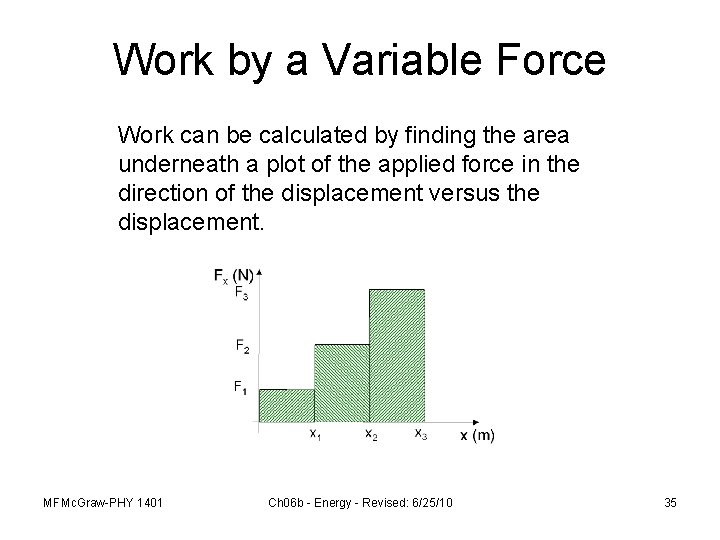 Work by a Variable Force Work can be calculated by finding the area underneath