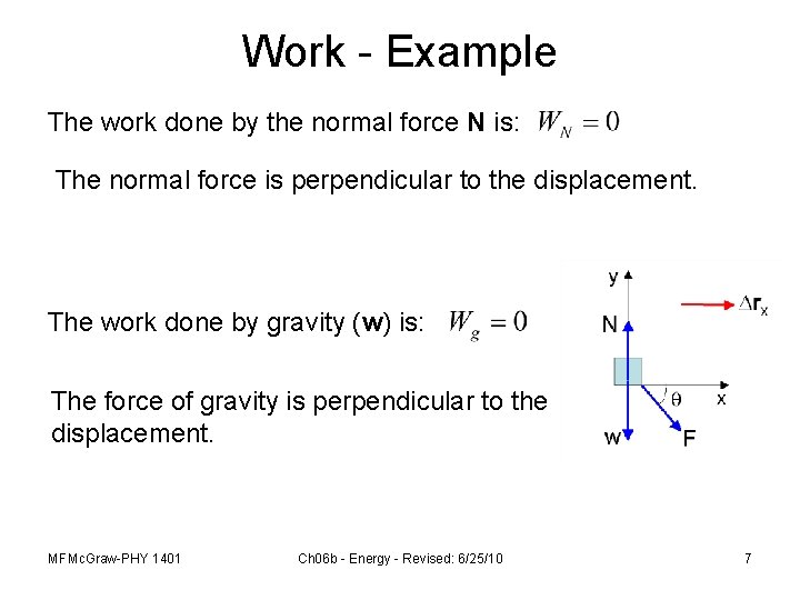Work - Example The work done by the normal force N is: The normal