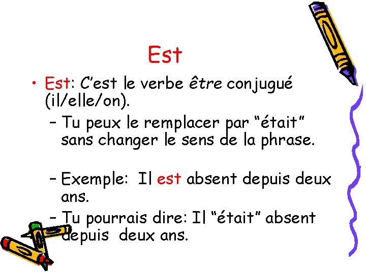 Est • Est: C’est le verbe être conjugué (il/elle/on). – Tu peux le remplacer