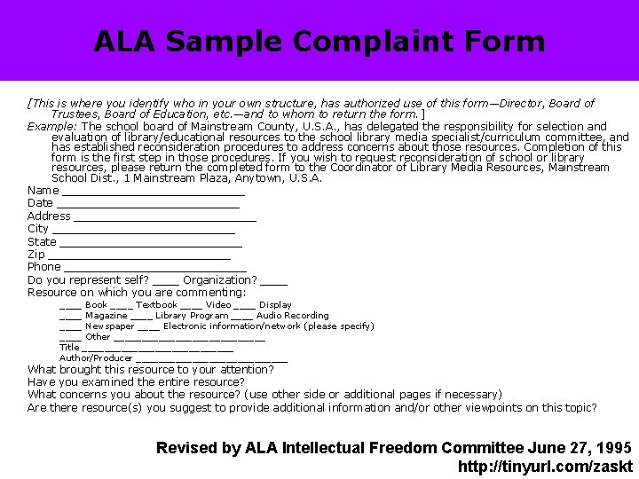 ALA Sample Complaint Form [This is where you identify who in your own structure,