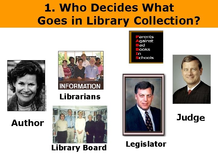 1. Who Decides What Goes in Library Collection? Librarians Judge Author Library Board Legislator