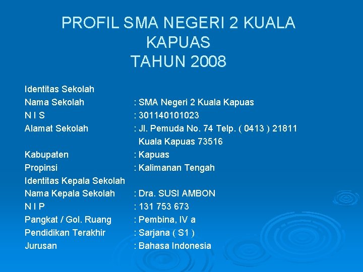 PROFIL SMA NEGERI 2 KUALA KAPUAS TAHUN 2008 Identitas Sekolah Nama Sekolah NIS Alamat