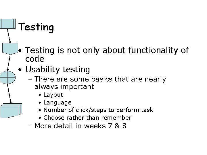 Testing • Testing is not only about functionality of code • Usability testing –