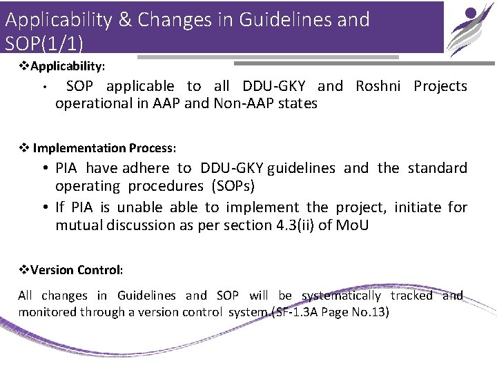 Applicability & Changes in Guidelines and SOP(1/1) v. Applicability: • SOP applicable to all