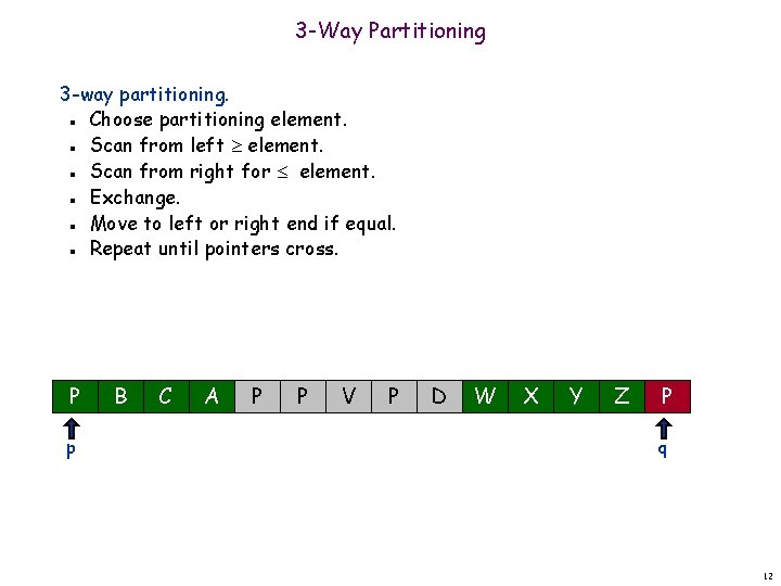 3 -Way Partitioning 3 -way partitioning. Choose partitioning element. Scan from left element. Scan