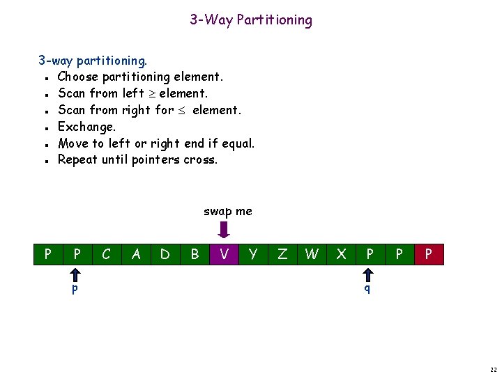 3 -Way Partitioning 3 -way partitioning. Choose partitioning element. Scan from left element. Scan