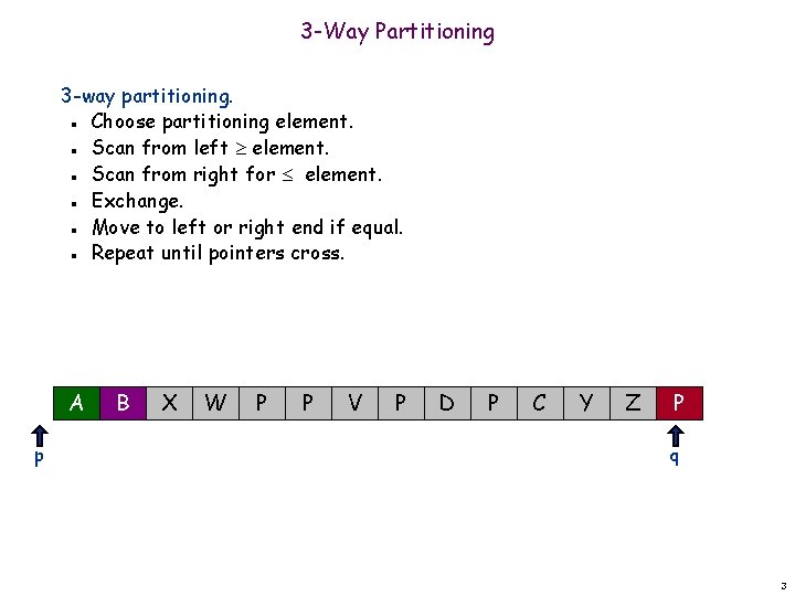 3 -Way Partitioning 3 -way partitioning. Choose partitioning element. Scan from left element. Scan