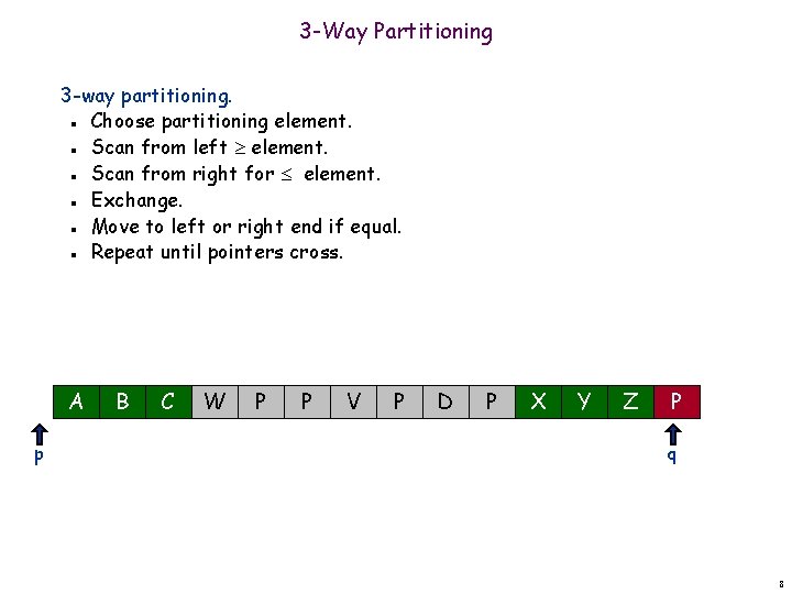 3 -Way Partitioning 3 -way partitioning. Choose partitioning element. Scan from left element. Scan