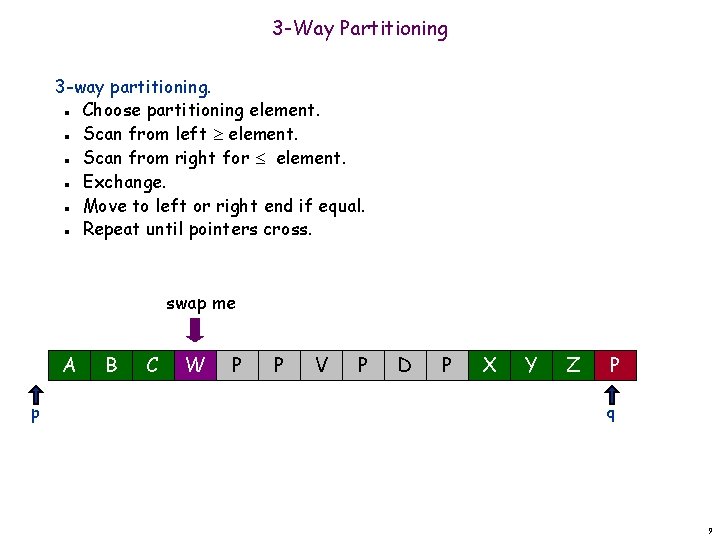 3 -Way Partitioning 3 -way partitioning. Choose partitioning element. Scan from left element. Scan