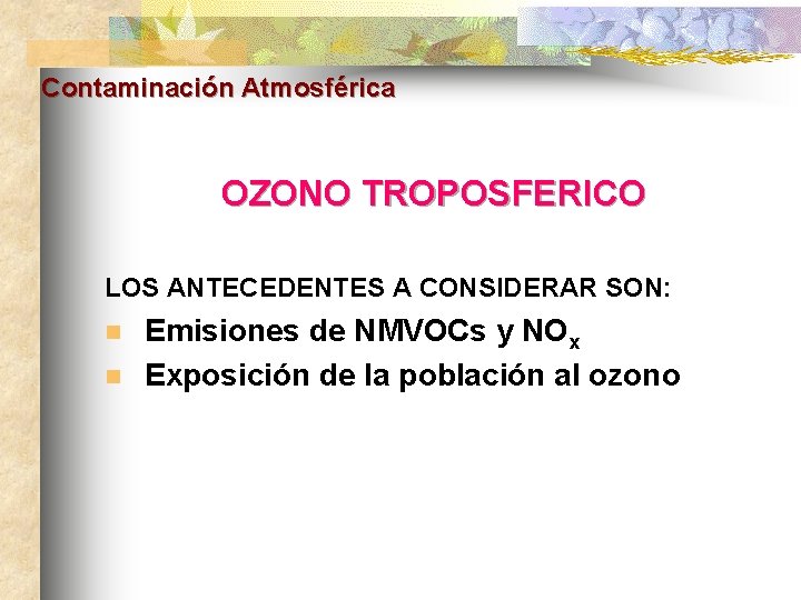 Contaminación Atmosférica OZONO TROPOSFERICO LOS ANTECEDENTES A CONSIDERAR SON: n n Emisiones de NMVOCs