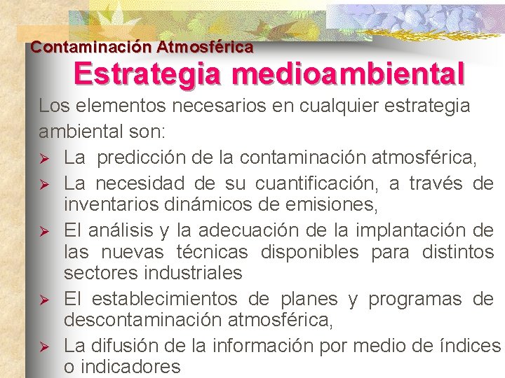 Contaminación Atmosférica Estrategia medioambiental Los elementos necesarios en cualquier estrategia ambiental son: Ø La