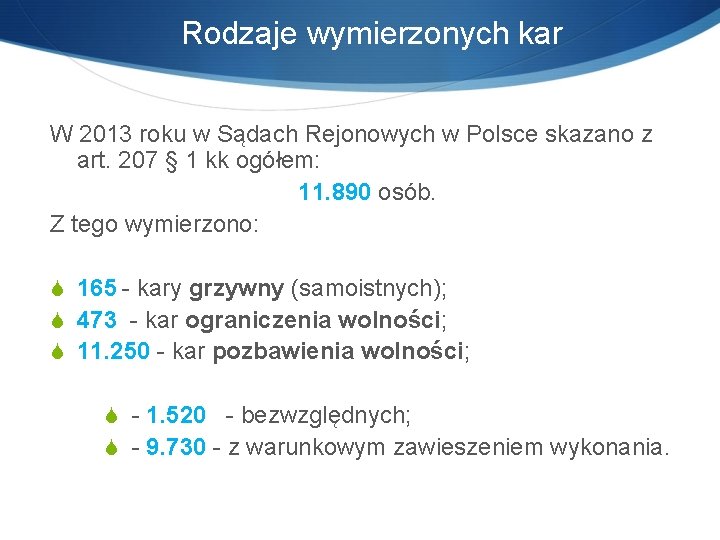 Rodzaje wymierzonych kar W 2013 roku w Sądach Rejonowych w Polsce skazano z art.